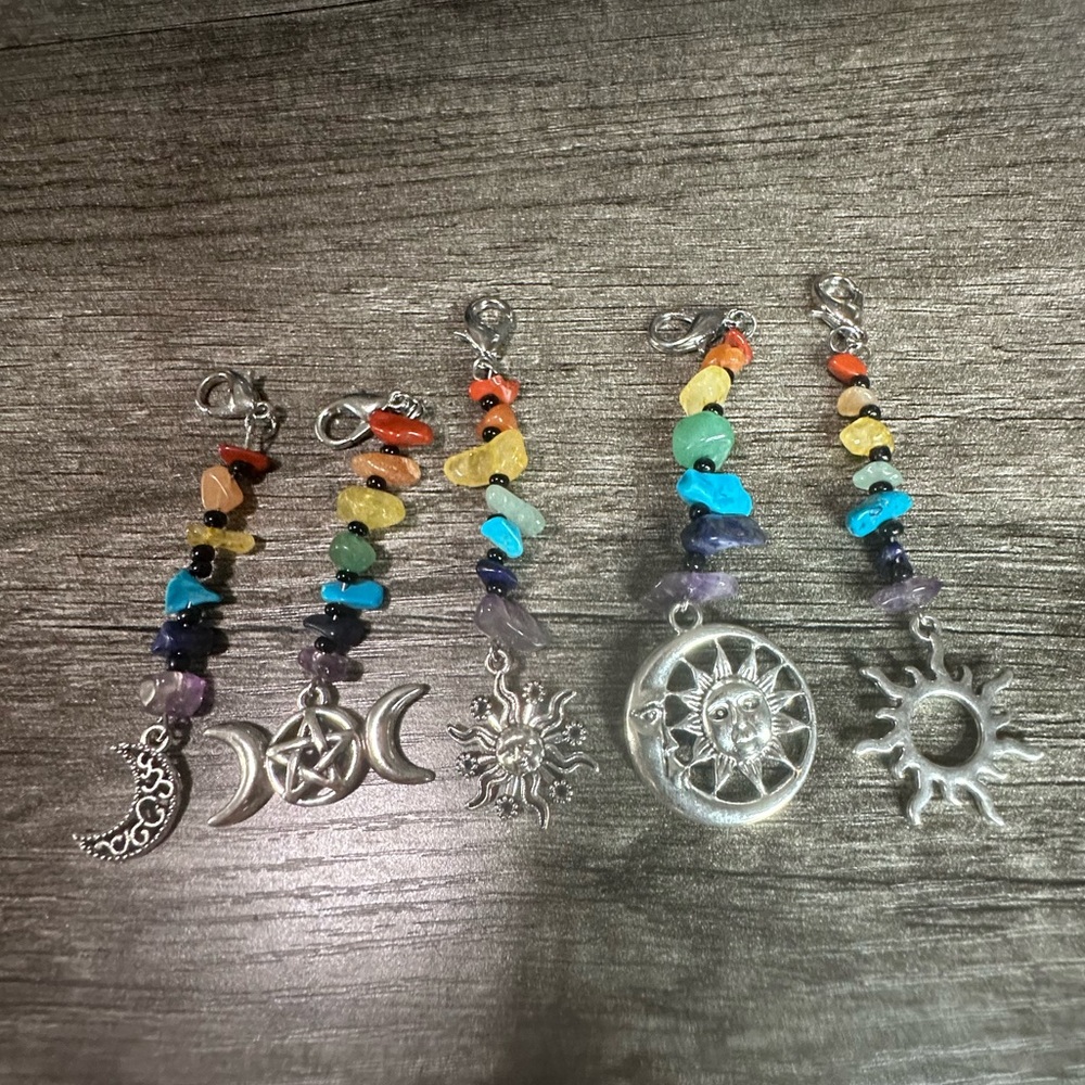 Set of 5 Stone Bag Key Charms Sun Moon Pentagram